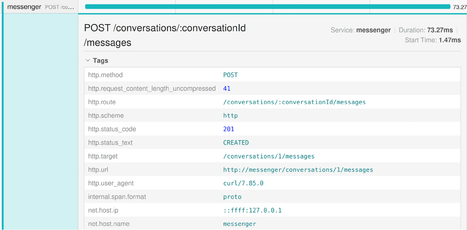 Screenshot of Jaeger GUI showing the parent span in the messenger section of the trace
