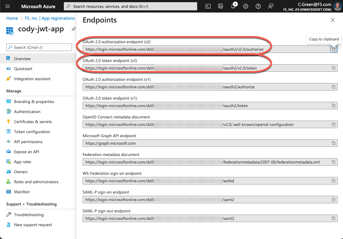 Azure AD Application Endpoint URLs