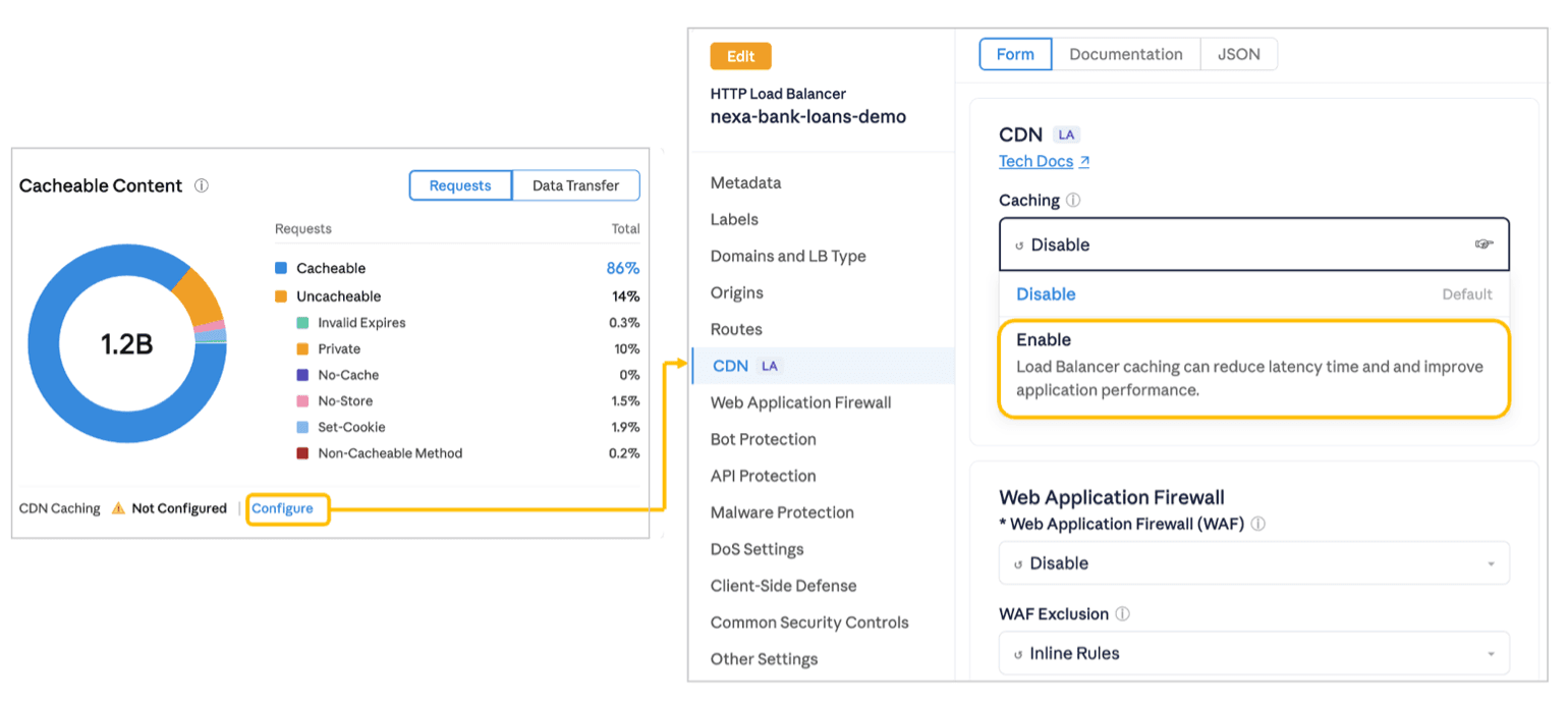 F5 Distributed Cloud CDN can be enabled with one click in any load balancer.