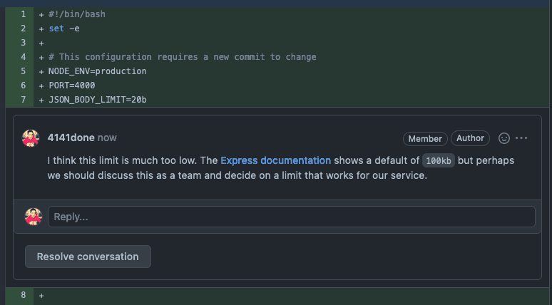 Screenshot of code review saying a limit of 20 bytes for the message body is too small