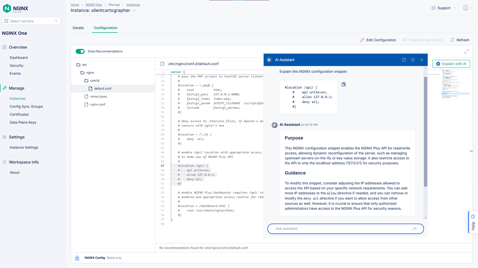 AI assistant conversation in the NGINX One console