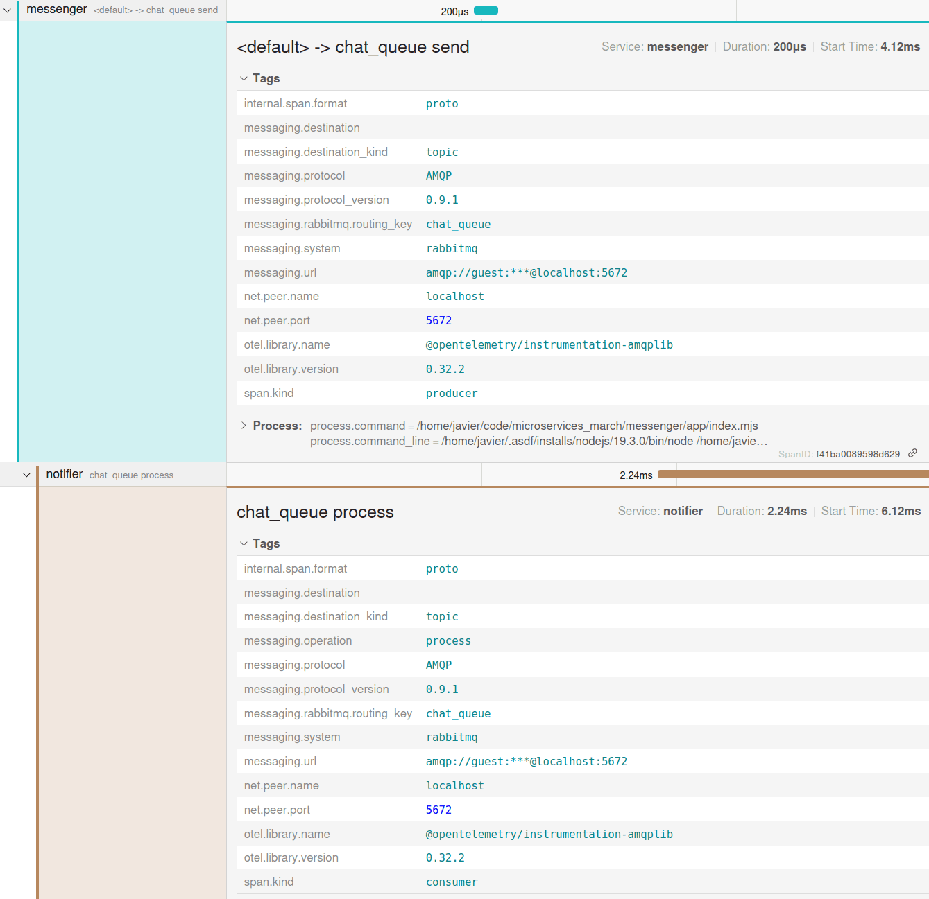 Screenshot of Jaeger GUI showing the notifier service consuming an event dispatched by the messenger service
