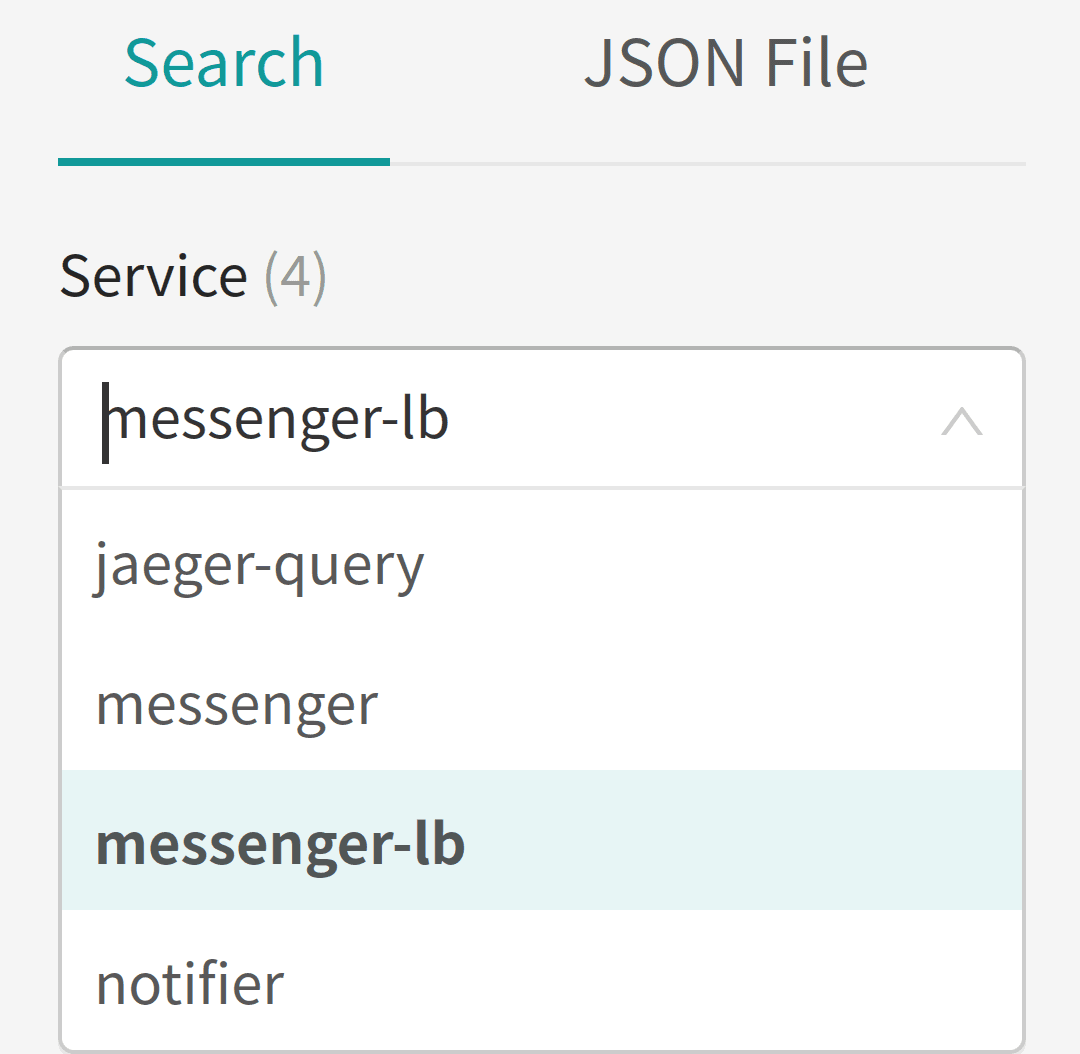 Screenshot of Jaeger GUI showing list of services available for in-depth inspection of spans, now including messenger-lb