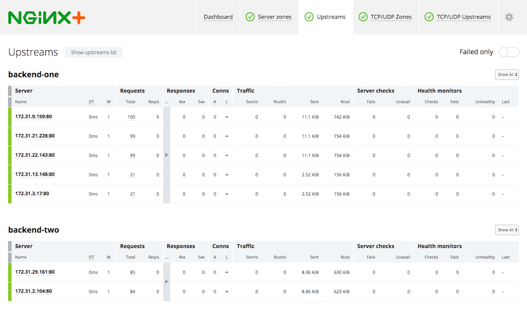 When the number of application instances in an AWS Auto Scaling group changes, the NGINX Plus live activity monitoring dashboard shows the new group members immediately.