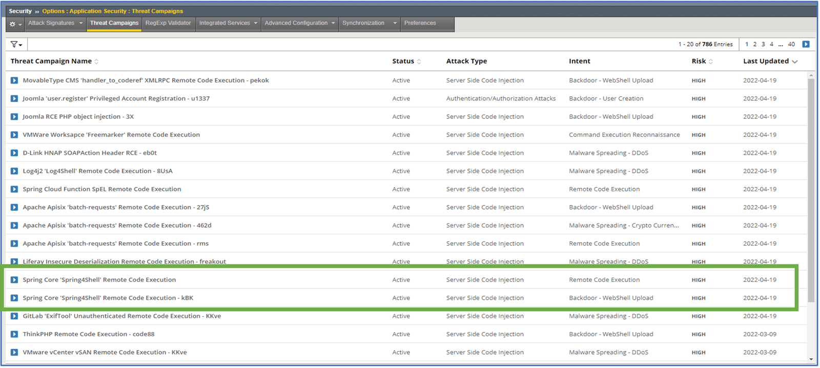 Figure 3: F5 Threat Campaigns feed detects exploitable vulnerabilities, like Spring4Shell Figure 3: F5 Threat Campaigns feed detects exploitable vulnerabilities, like Spring4Shell
