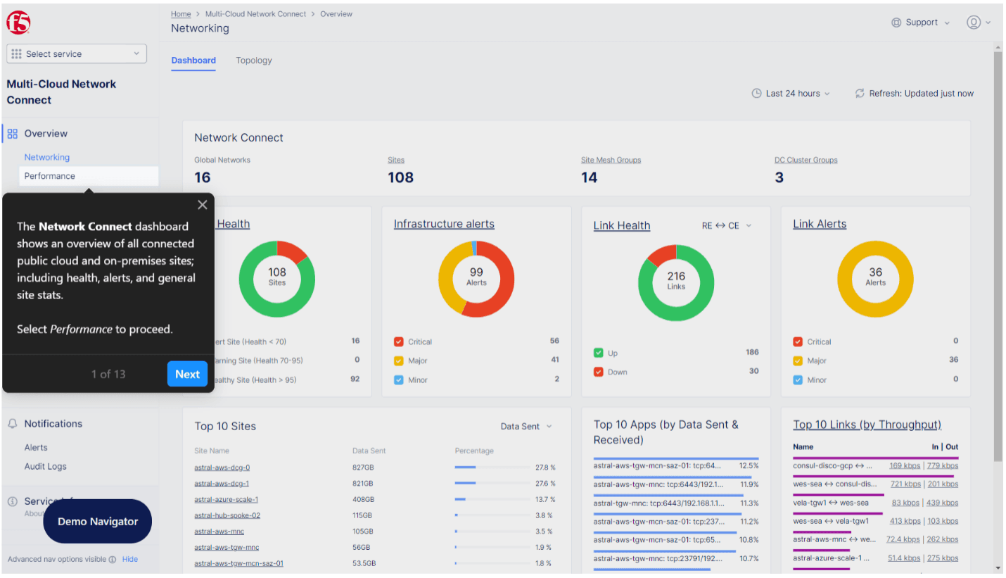 Representative screenshot of F5’s SaaS-based secure multicloud networking console. Representative screenshot of F5’s SaaS-based secure multicloud networking console.