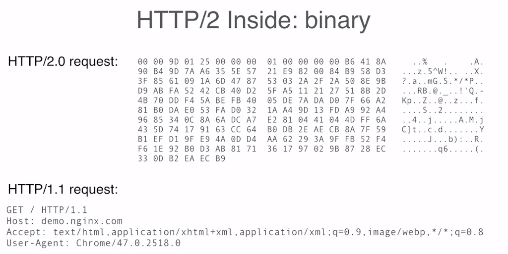 Slide illustrating how payload in HTTP/2 request is in binary, whereas HTTP/1.1 request is human-readable text