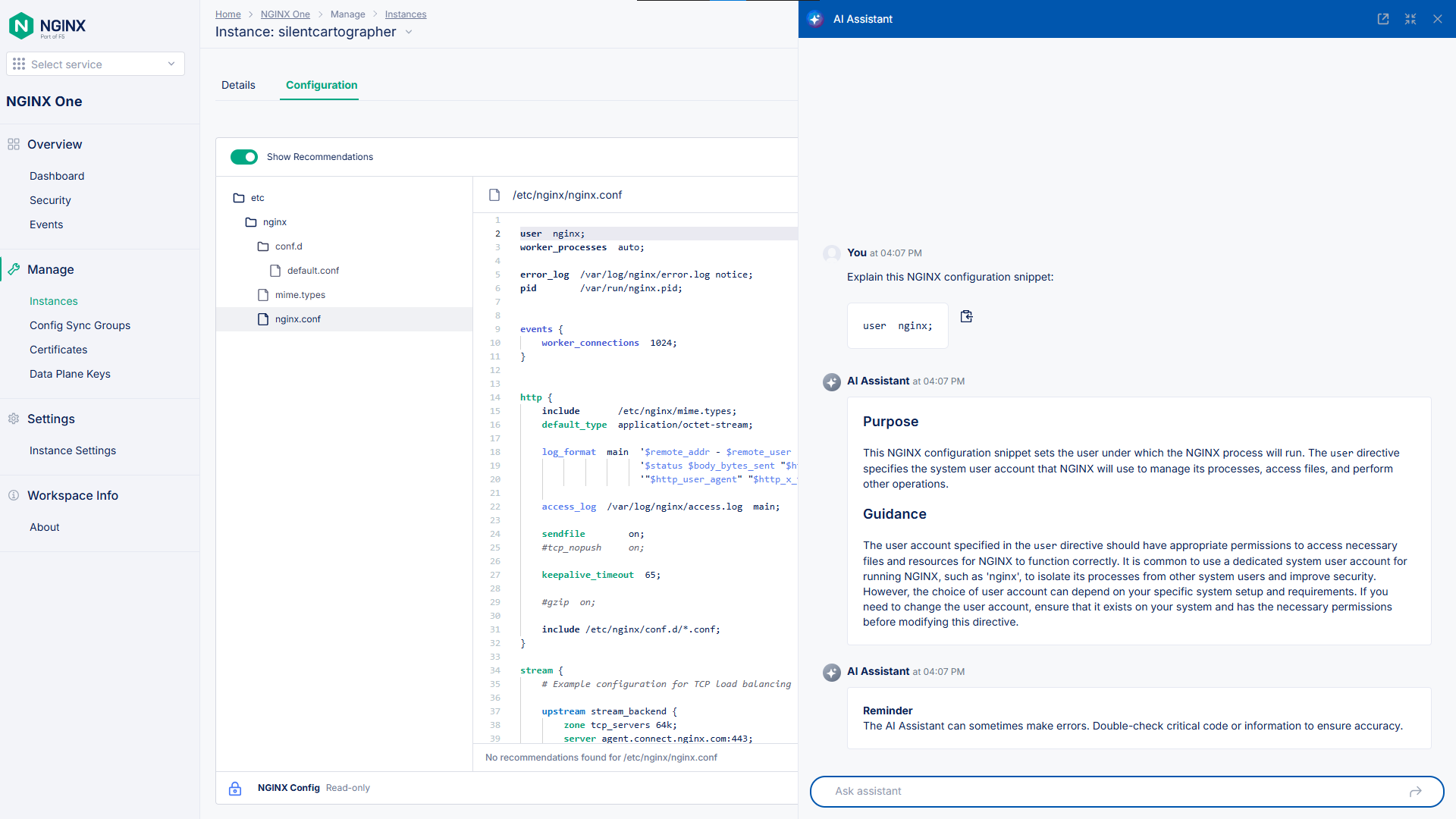 AI assistant conversation in the NGINX One console