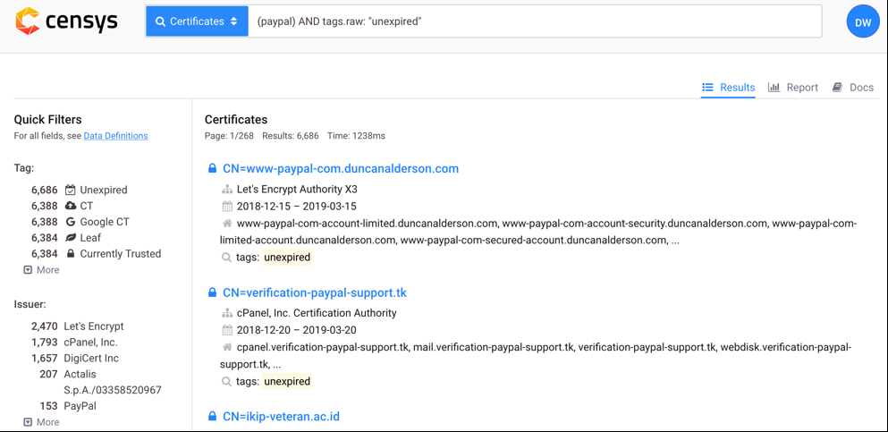 Figure 6. Using Certificate Transparency via censys.io to discover certificates with “paypal” in the common name
