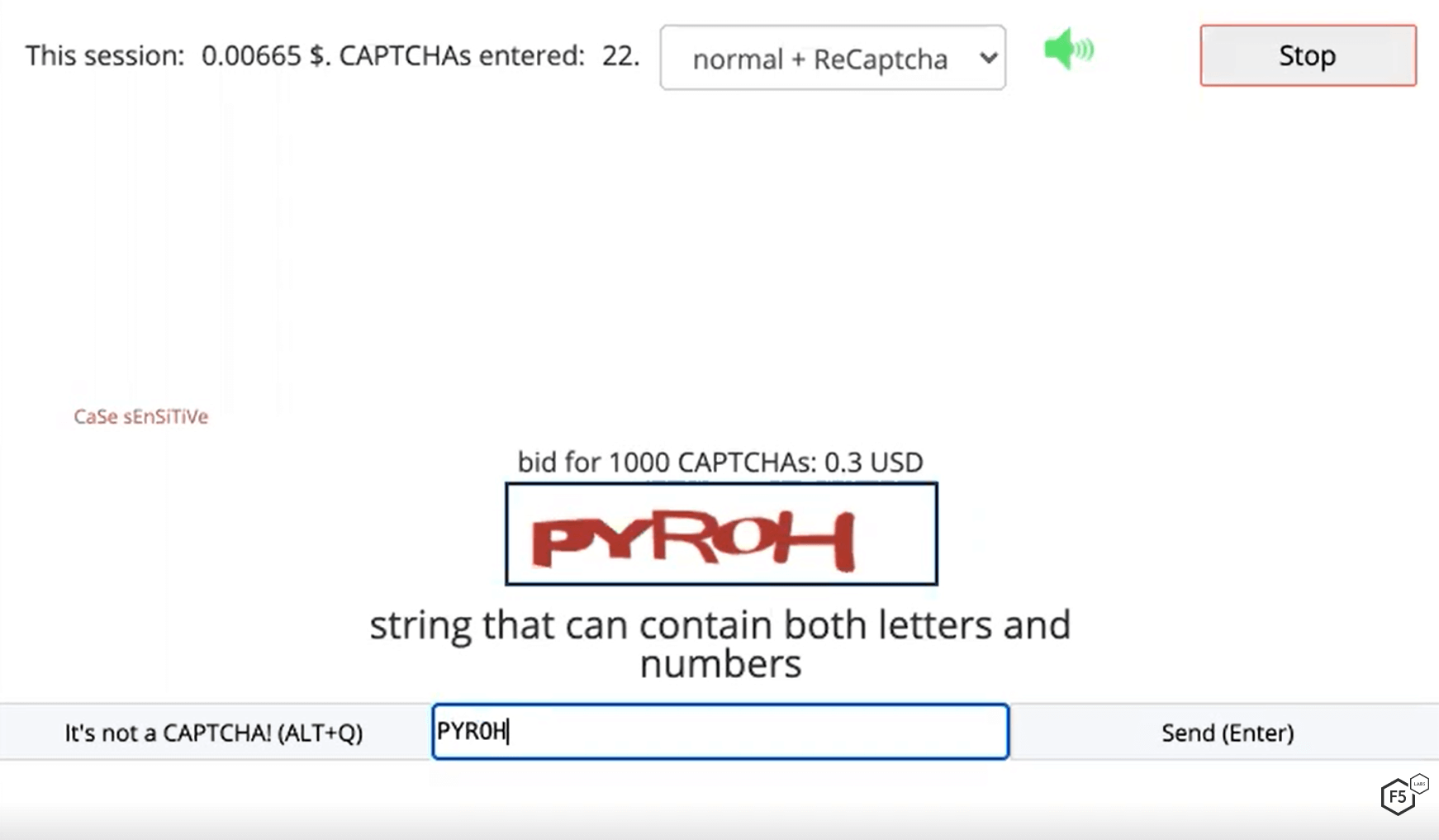 While solving a traditional CAPTCHA, the screen displays my current earnings and the number of CAPTCHAs solved.
