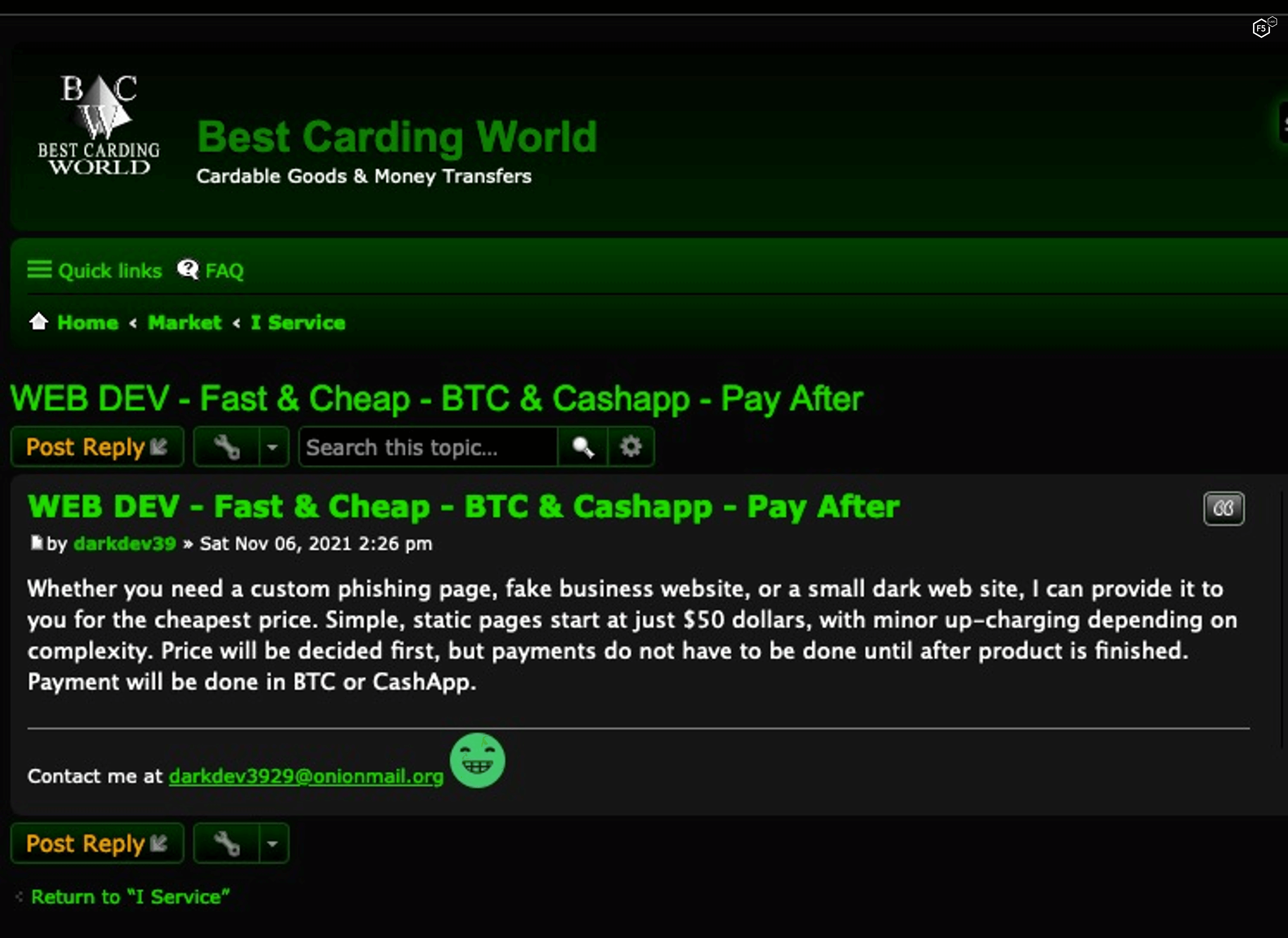 Screenshot of a dark web advertisement for web development of a phishing site or similar spoofing sites.