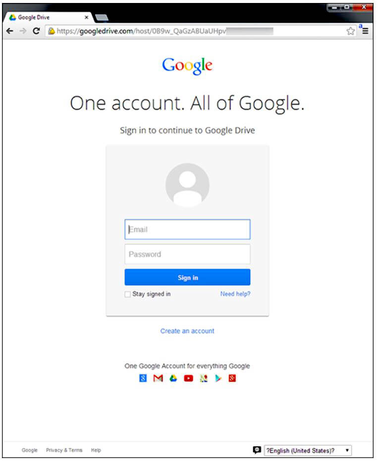 Figure 12: The login screen looks legitimate, but the URL in the address bar does not point to a valid Google domain