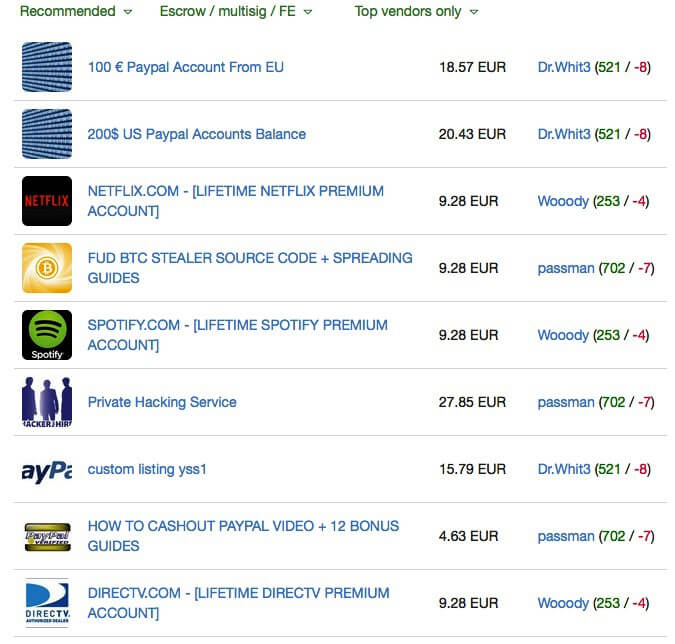 Figure 21: Credit cards and lifetime accounts (e.g., Spotify, Netflix, DirectTV) for sale on the darknet