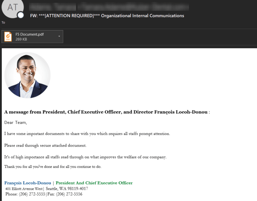 Figure 24: F5 phishing email with malicious link in the attached PDF requesting users log in with their F5 credentials