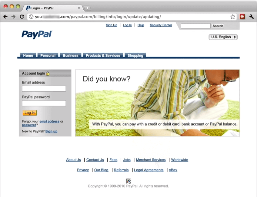 Figure 26: Fake PayPal website created by a scammer and reached via a malicious link in an email message