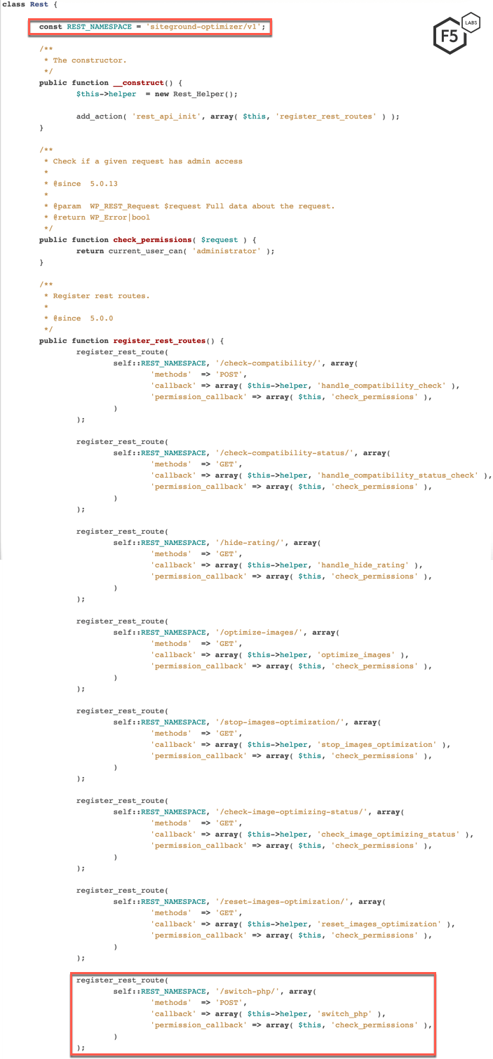 Figure 8. SiteGround developers mitigated the vulnerability by adding a permission_callback command to the REST API routes