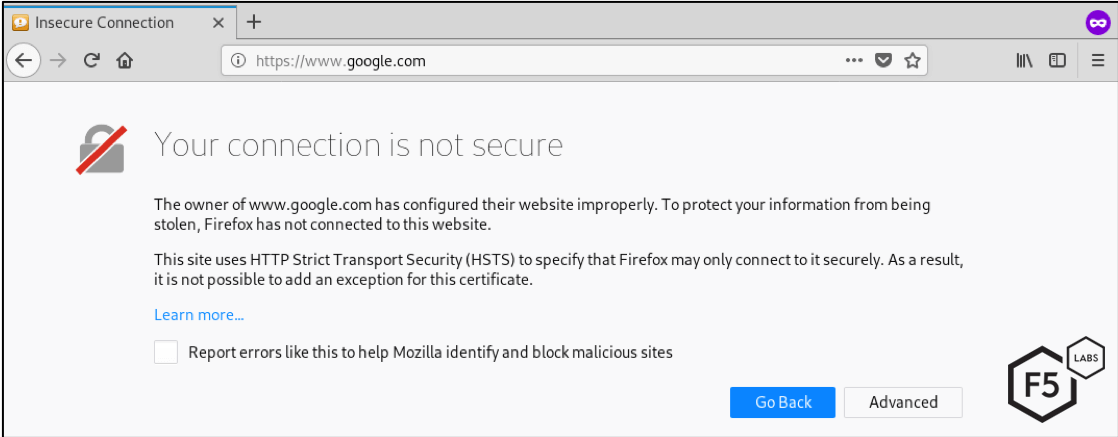 Figure 11. Security warning when HSTS is implemented a trusted root CA is not used for interception. HSTS prevents the user from bypassing the security warning.