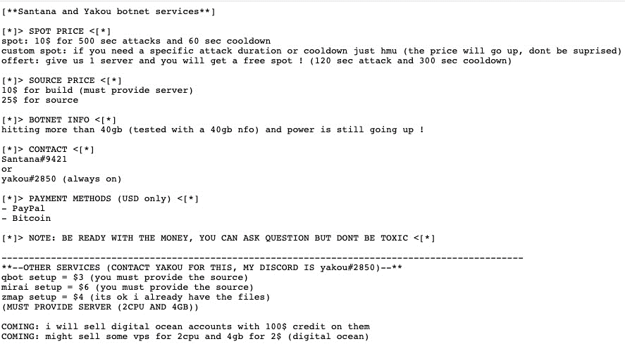 Figure 11: Screenshot of Santana and Yakou pricing linked from a “Mirai source code” search on Pastebin.