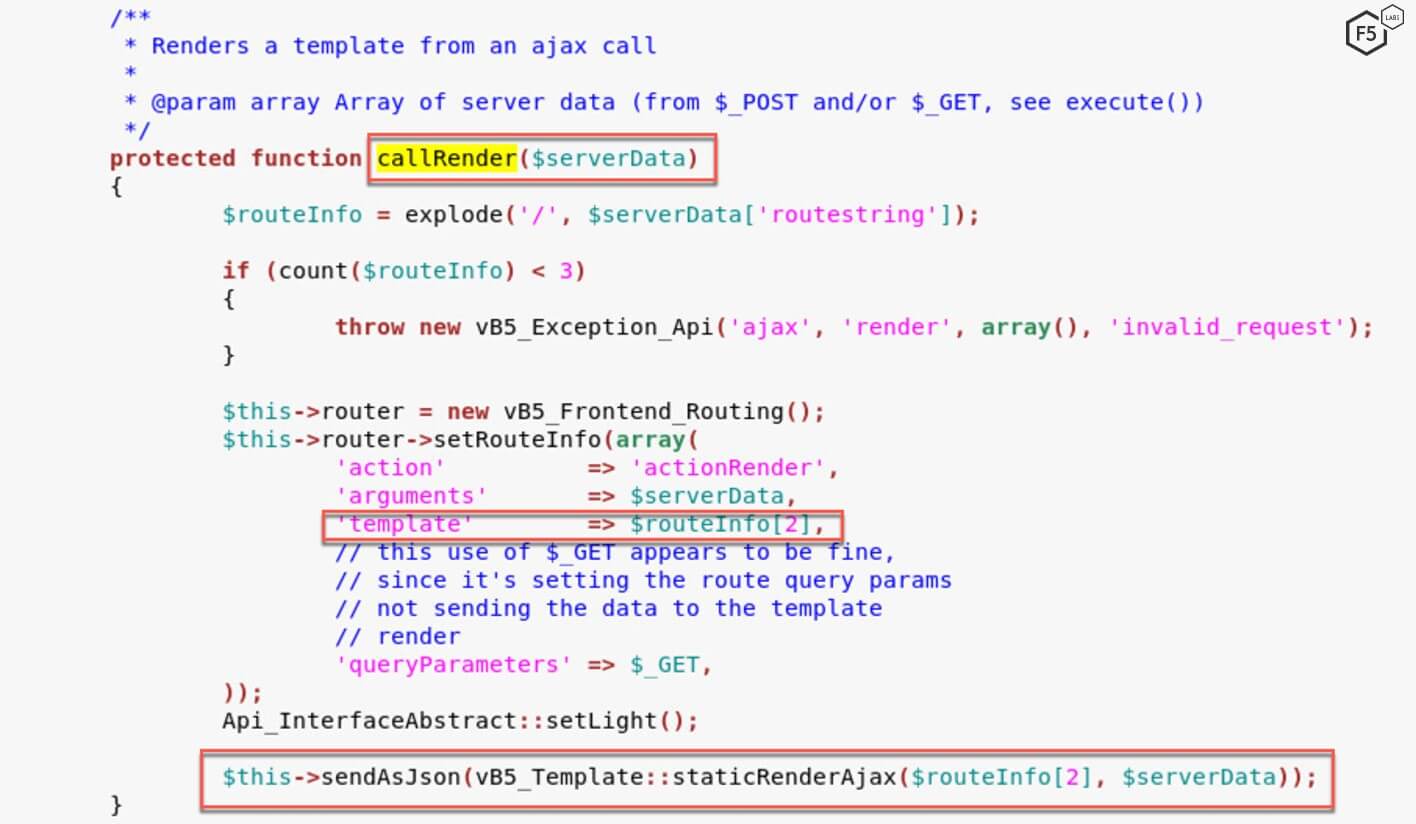 Figure 5. vBulletin source code uses the third parameter (widget_php) in the routestring for the template.