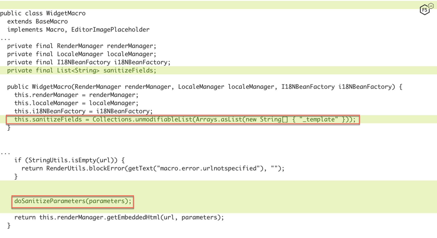 Figure 4. Diff of Widget Connector Macro class within widgetconnector-3.1.3 and widgetconnector-3.1.4