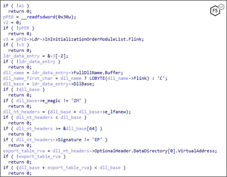 Figure 4. Second code snippet: IcedID scans the process environment block to find modules by encrypted hash.
