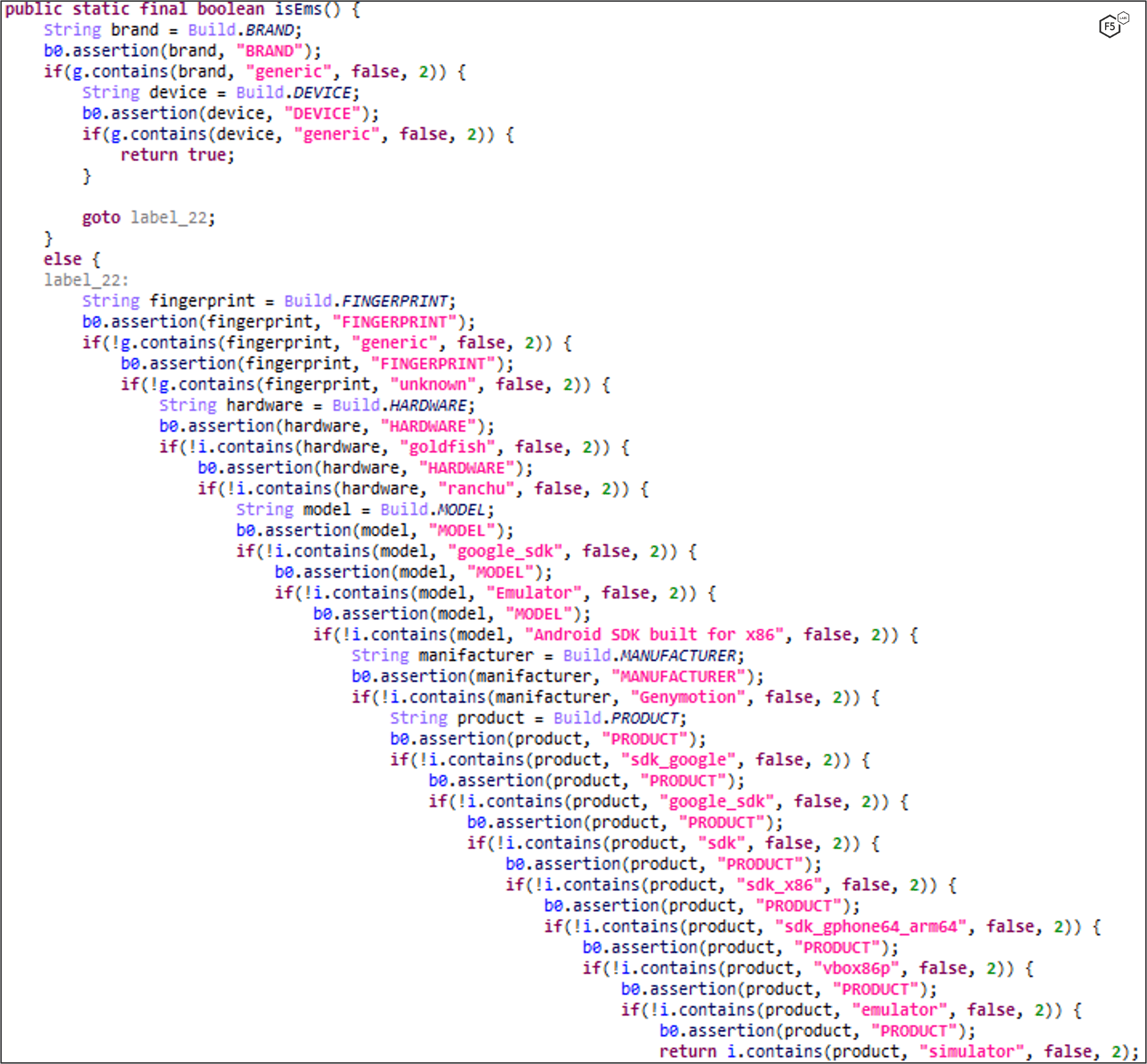 Figure 40. Unused capability in MaliBot that checks various device attributes against hardcoded values to determine whether the device is running in an emulated environment.